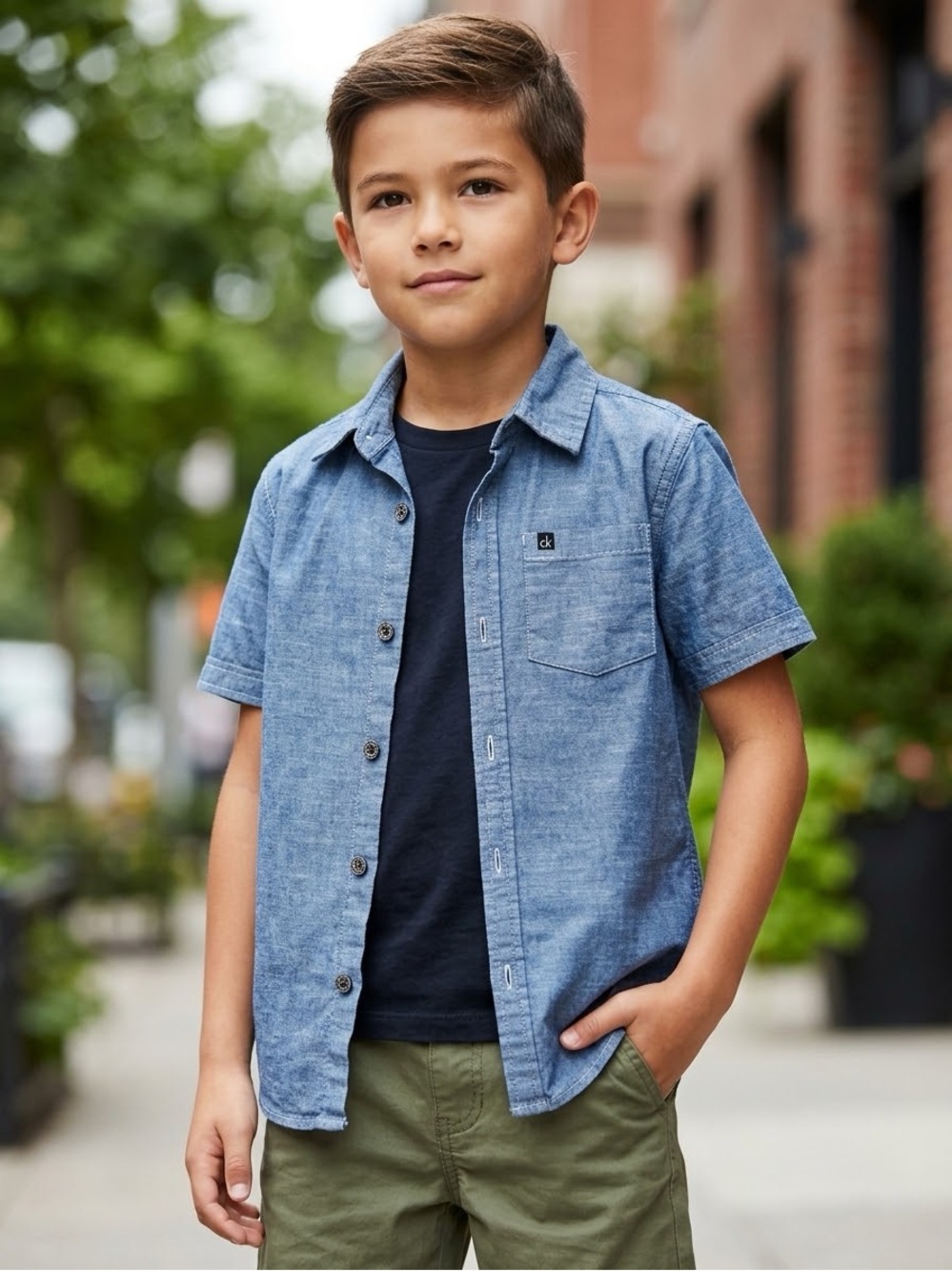 Calvin Klein Jeans Men’s Short Sleeve Chambray Blue Button-Down Shirt